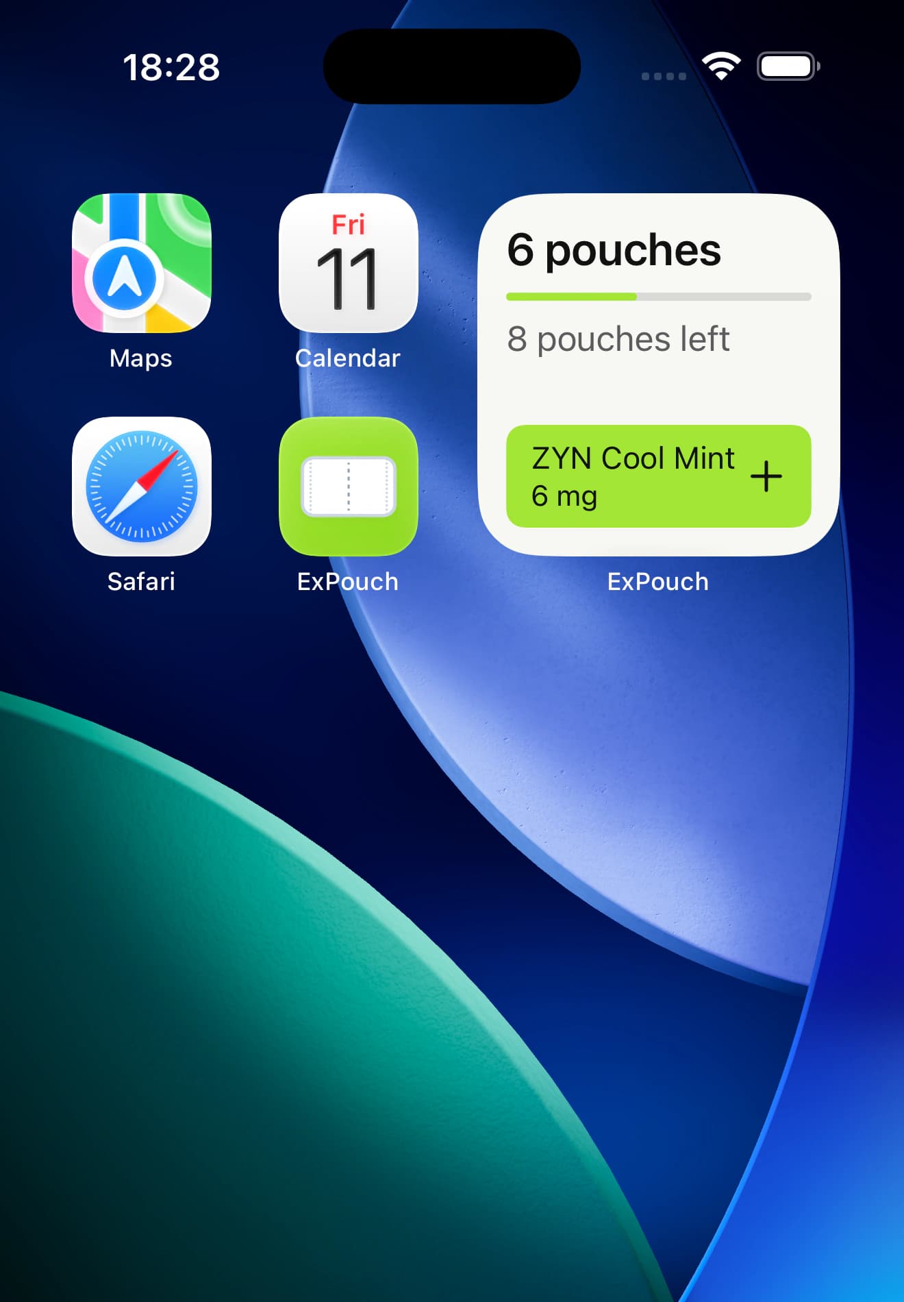 Home Screen widget with pouches logged today and pouches left