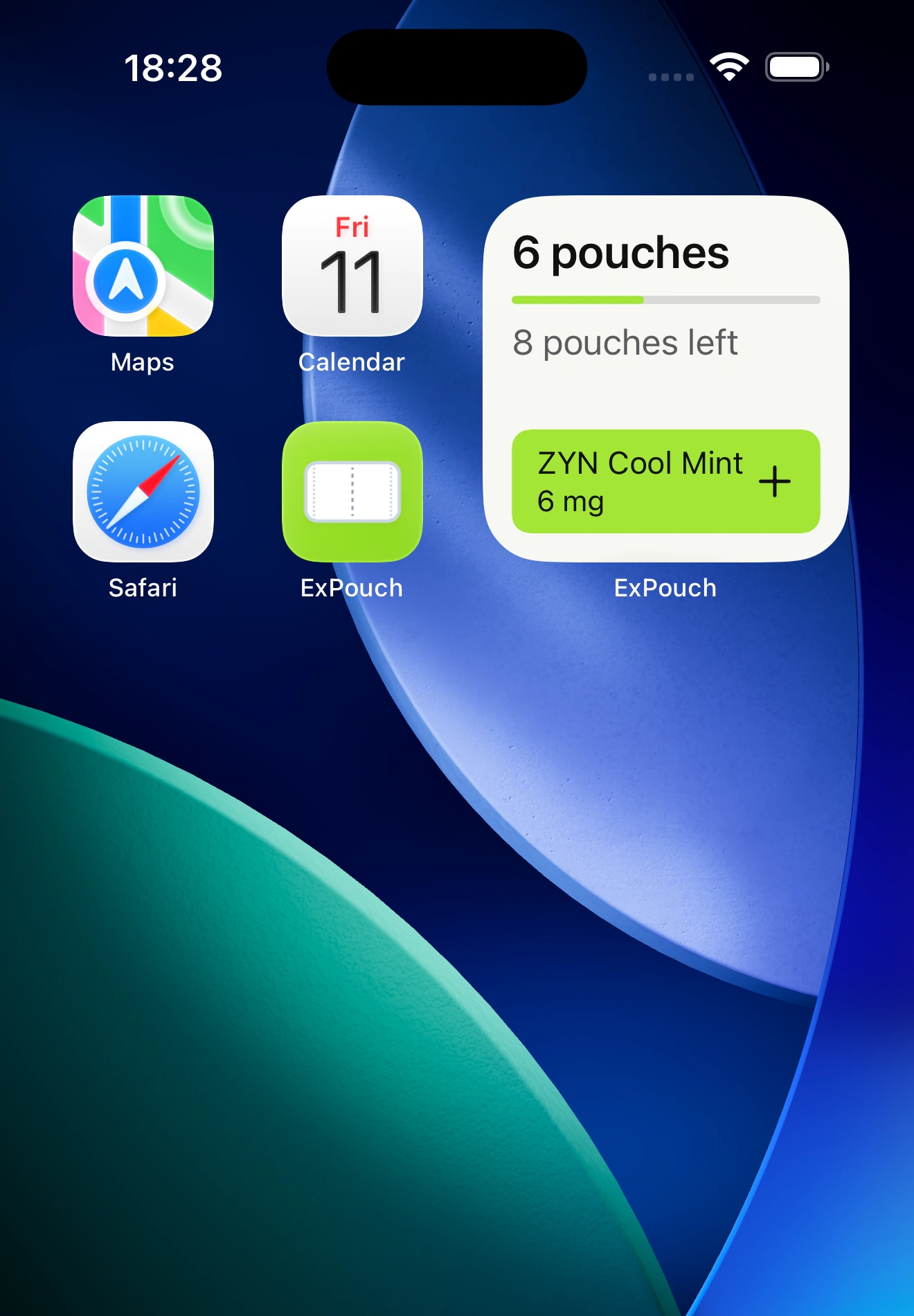 iPhone home screen with the ExPouch widget: pouches logged today, pouches left, and a one-tap log button