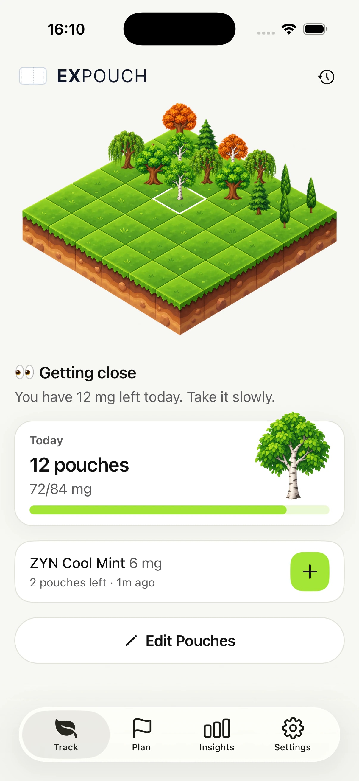 ExPouch app: today’s pouches logged against the daily limit